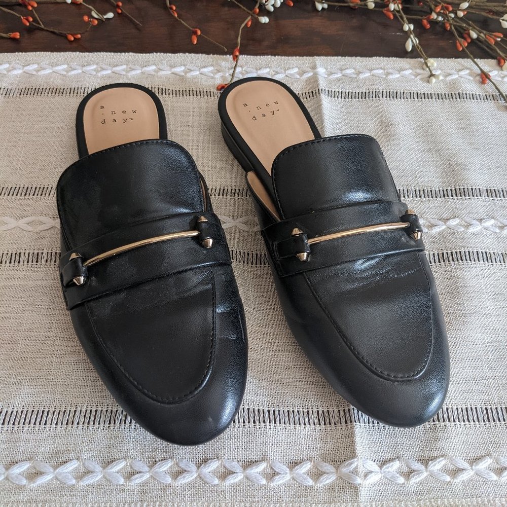 A New Day Black Slide on Mules/Loafers with Gold Accents